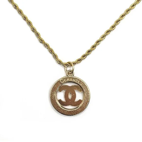 CHANEL CC Round Rhinestone Charm Pendant on Necklace Gold Plated Chain